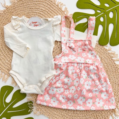 Conjunto Body com Babadinhos e Salopete Estampada - Coral 